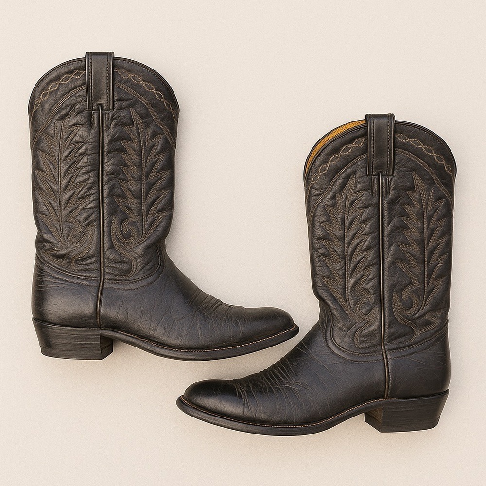 Tony Lama Black Leather Vintage Cowboy Boots Men's 8D Vintage Western USA in GUC - Picture 14 of 15